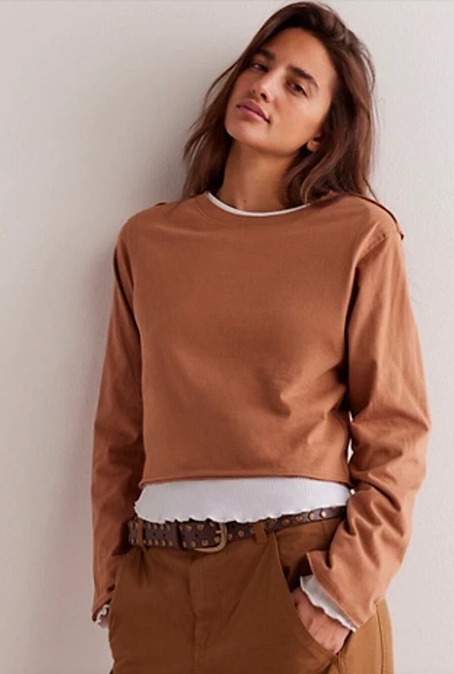 Free People tan cropped long sleeve tee
